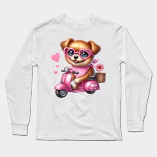 Valentine Dog In Pink Scooter Long Sleeve T-Shirt